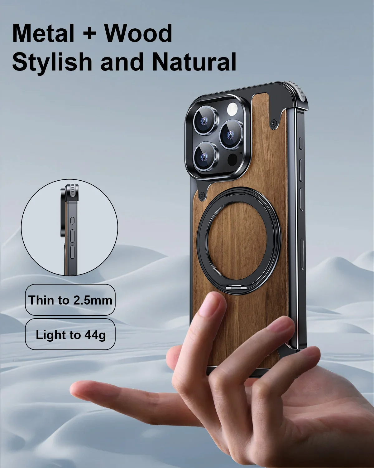 Luxury Wood iPhone Case with Metal Ring Kickstand – Shockproof Protective Cover