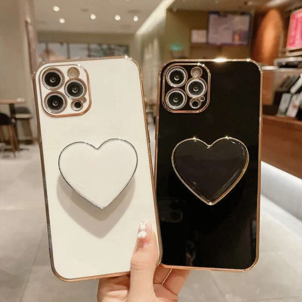 3D Love Bracket Phone Case for iPhone 12–15 – Solid Color Plated Anti-Fall Cover with Kickstand - Image 2