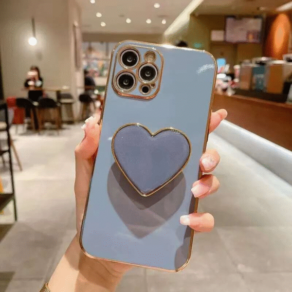 3D Love Bracket Phone Case for iPhone 12–15 – Solid Color Plated Anti-Fall Cover with Kickstand - Image 4