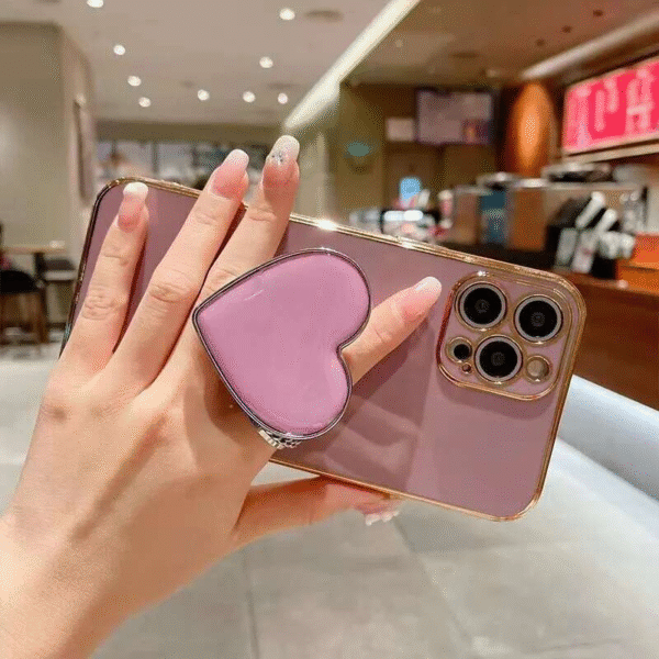 3D Love Bracket Phone Case for iPhone 12–15 – Solid Color Plated Anti-Fall Cover with Kickstand - Image 5