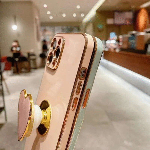 3D Love Bracket Phone Case for iPhone 12–15 – Solid Color Plated Anti-Fall Cover with Kickstand - Image 6