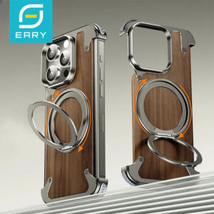Luxury Magnetic Wood Texture iPhone Case with Metal Frame Ring Holder.