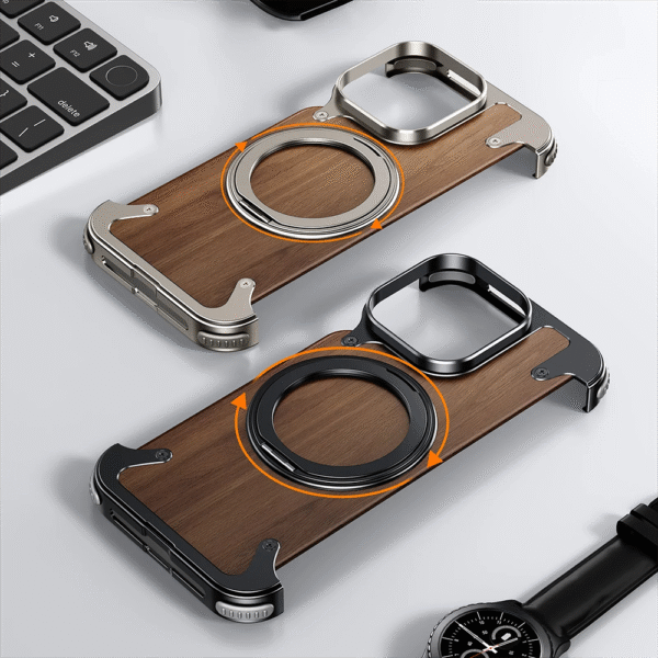 Luxury Magnetic Wood Texture Phone Case for iPhone 13 14 15 16 Pro Max – Metal Frame with Ring Kickstand - Image 6