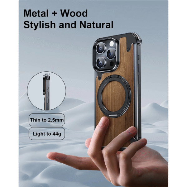 Luxury Magnetic Wood Texture Phone Case for iPhone 13 14 15 16 Pro Max – Metal Frame with Ring Kickstand - Image 3