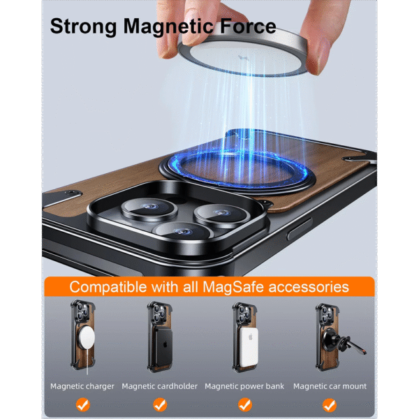Luxury Magnetic Wood Texture Phone Case for iPhone 13 14 15 16 Pro Max – Metal Frame with Ring Kickstand - Image 4