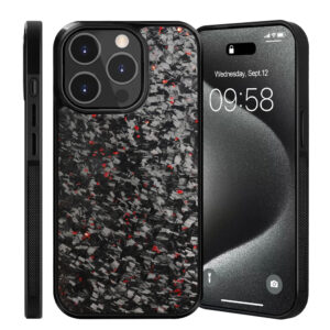 Black carbon fiber iPhone case with red accents on iPhone 16 Pro Max