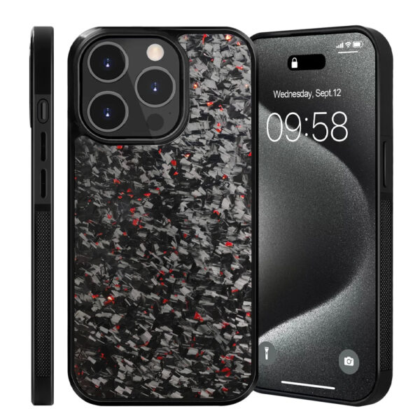Black carbon fiber iPhone case with red accents on iPhone 16 Pro Max