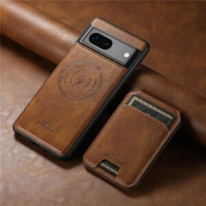 Brown leather MagSafe wallet case attached to a Google Pixel phone.
