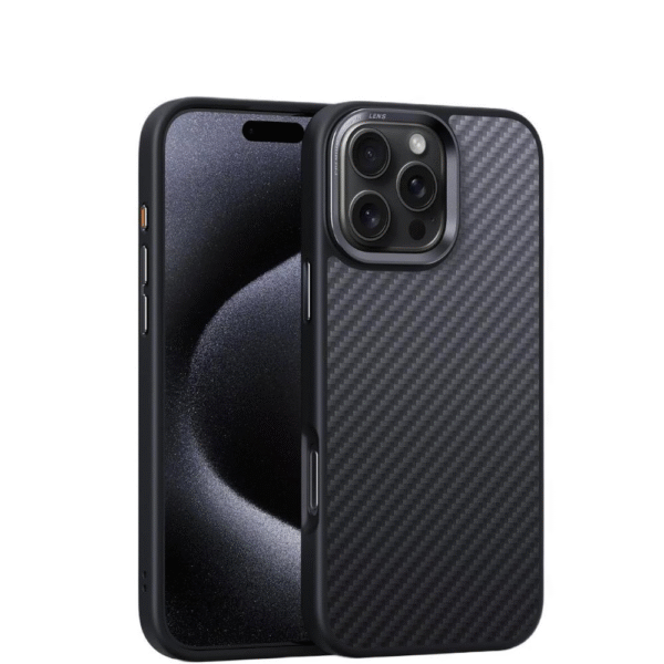 Carbon Kevlar iPhone 16 case front and back view
