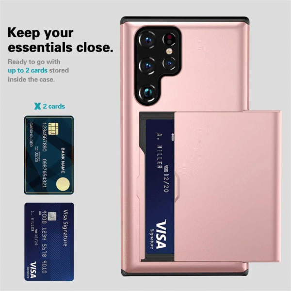 Pink Galaxy phone case storing two credit cards inside