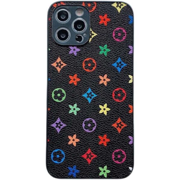 Black Retro iPhone Case with Colorful Print on White Surface