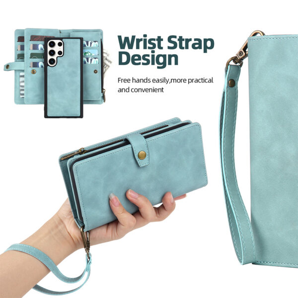 Blue case wrist strap held from side angle