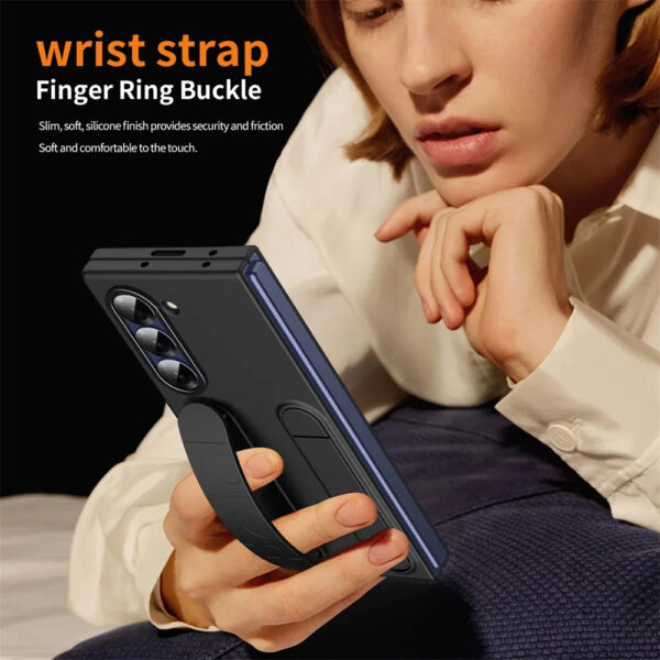 Woman using Samsung Z Fold Case with wrist strap