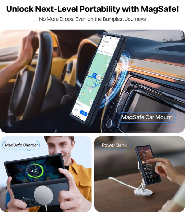 Z Fold 7 case mounted in car with MagSafe charger and power bank