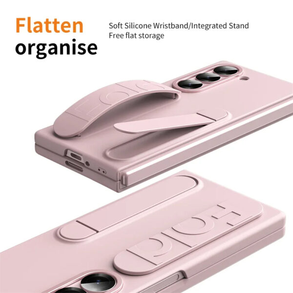 Pink wristband case showing fold-flat mode