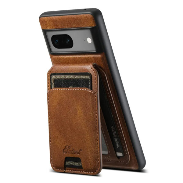 Pixel leather case with wallet in kickstand position.