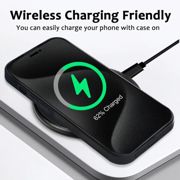 iPhone on wireless charger with case showing 62% charged