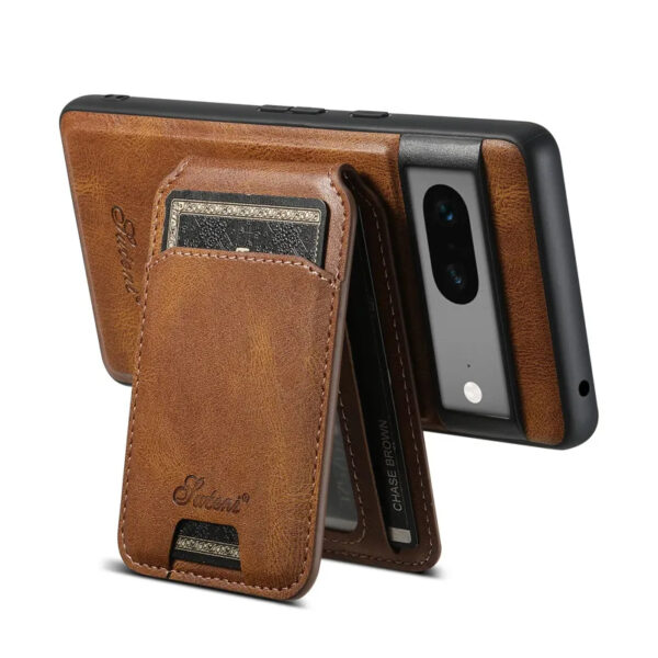 Horizontal kickstand view of Pixel case with attached wallet.