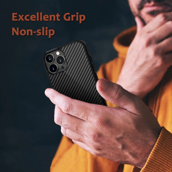 Man holding carbon fiber iPhone case with excellent grip