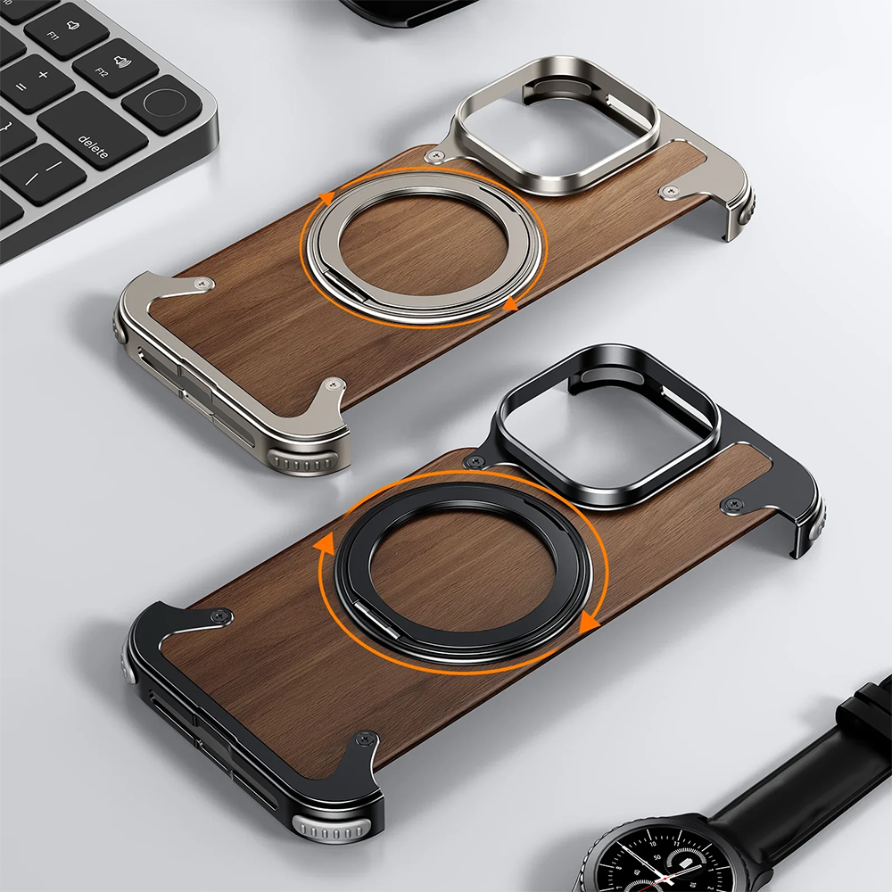 Luxury iPhone wood case with magnetic ring stand and metal frame for iPhone 15 Pro Max