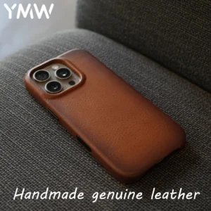 Handmade leather phone case on couch