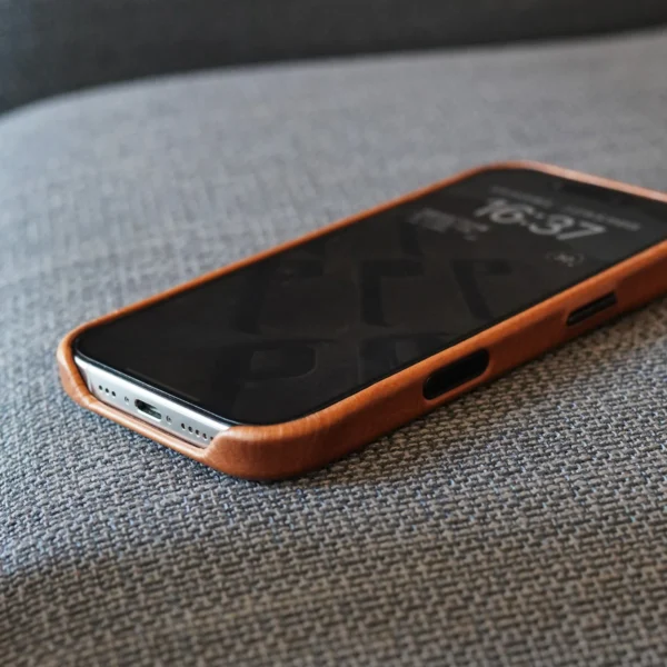 Leather case close-up near charging port