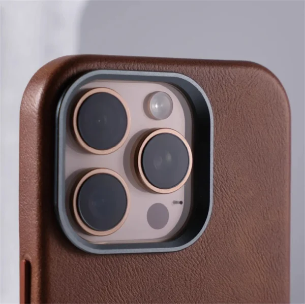 Close-up of camera lens with leather case
