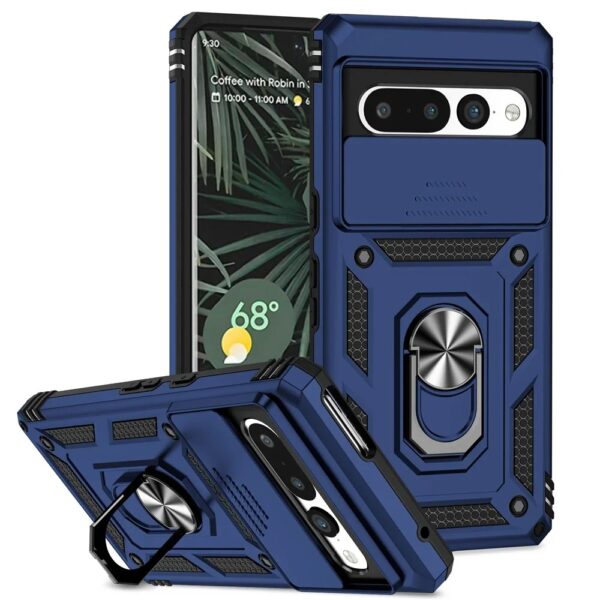 Rugged Magnetic Kickstand Phone Case in Blue for Google Pixel 7/7A/7 Pro – shockproof, military-grade design.