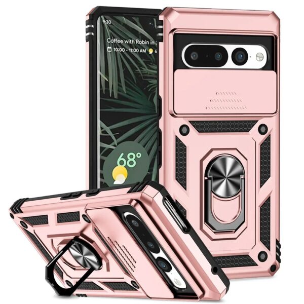 Rugged Magnetic Kickstand Phone Case in Rose Pink for Google Pixel 7/7A/7 Pro – shockproof, military-grade design.
