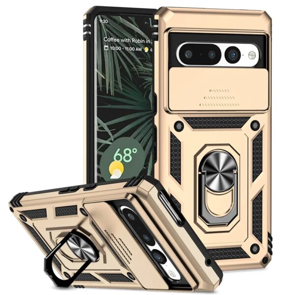 Rugged Magnetic Kickstand Phone Case in Champagne Gold for Google Pixel 7/7A/7 Pro – shockproof, military-grade design.
