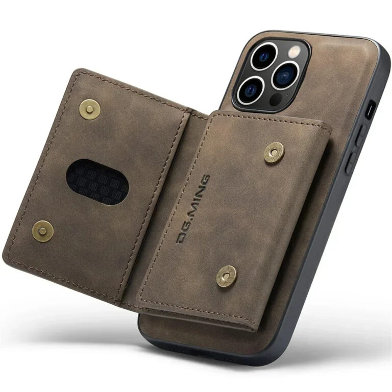 Brown 2-in-1 detachable magnetic leather iPhone wallet case open view .