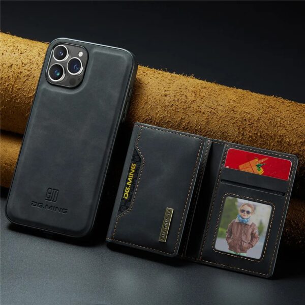 Black leather detachable wallet case for iPhone with photo slot