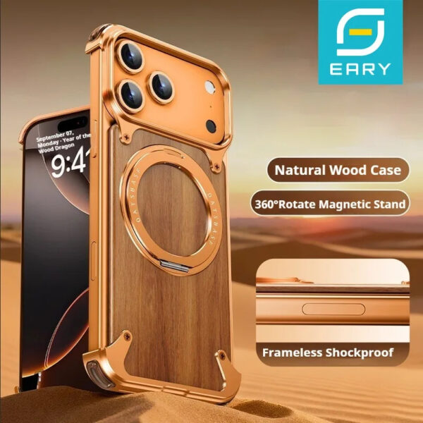 Orange Metal + Natural Wood iPhone 17 Case with Magnetic Stand