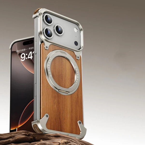 Titanium Frame iPhone 17 Case with Real Wood Finish