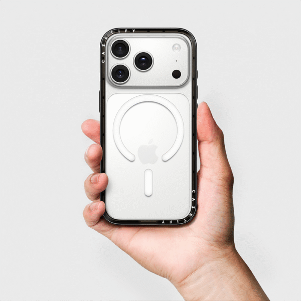 Casetify Bounce Case black frame held in hand, white back