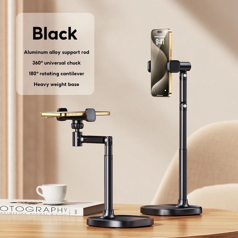 MoZhao overhead phone stand black color – aluminum alloy, 360° rotation, 180° tilt