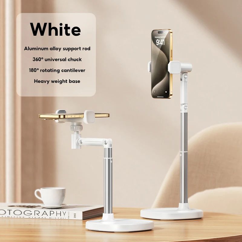 MoZhao overhead phone stand white color – aluminum alloy, 360° rotation, 180° tilt