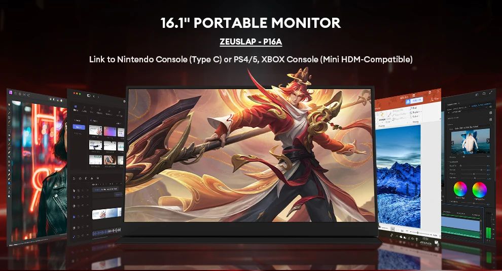 ZEUSLAP P16A portable monitor 16.1-inch — multi-screen setup (144Hz, USB-C / Mini HDMI) ZEUSLAP P16A portable monitor 16.1-inch multi-screen setup for laptop and consoles (USB-C / Mini HDMI)
