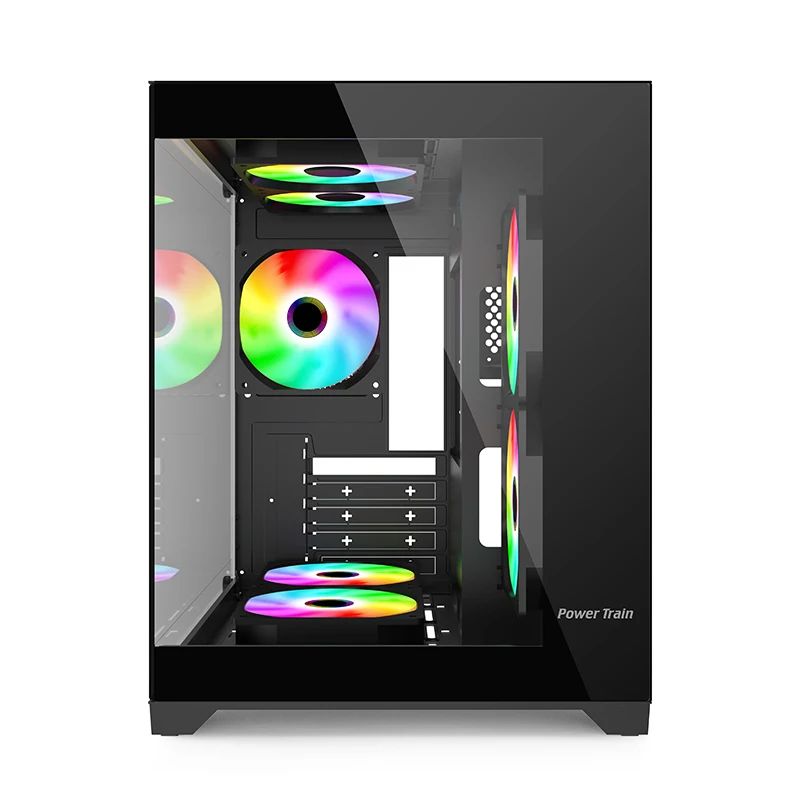 Black Power Train Coloured Glaze PC case side view with RGB fans visible behind glass