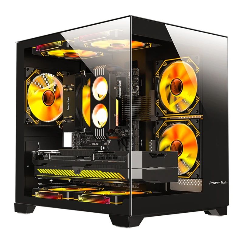 Black Power Train 270° glass PC case with RGB fans and a full-size graphics card installed