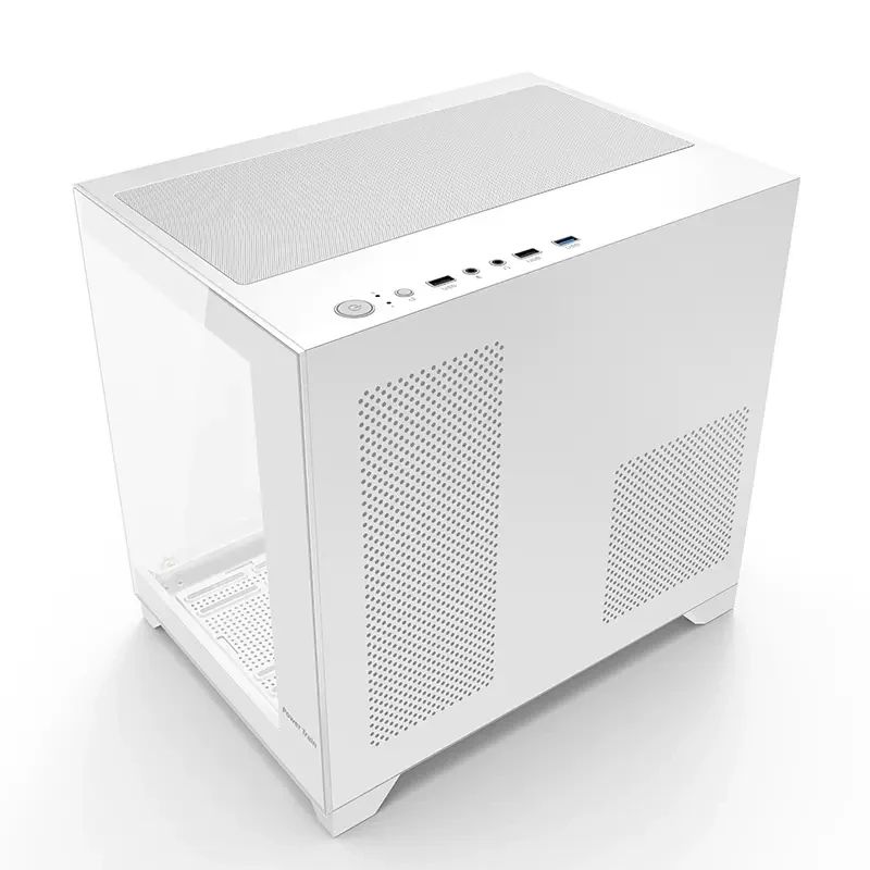 White Power Train Coloured Glaze desktop chassis with top mesh panel and ventilated side panels