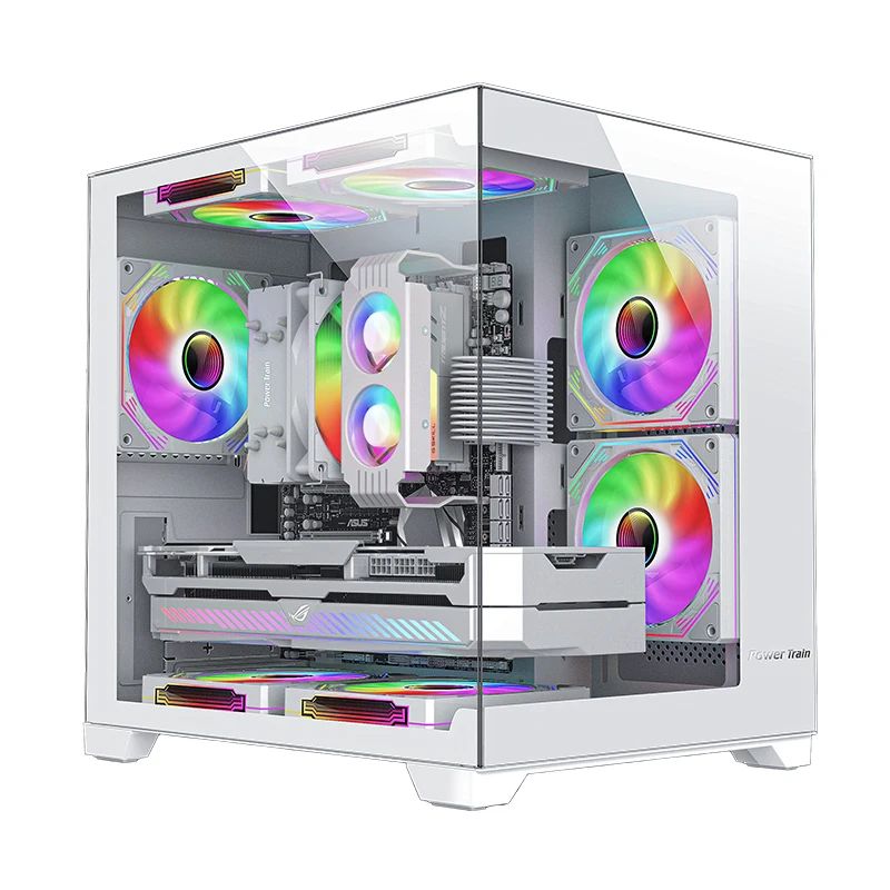 White Power Train 270° panoramic glass PC case with RGB fans and a gaming PC build