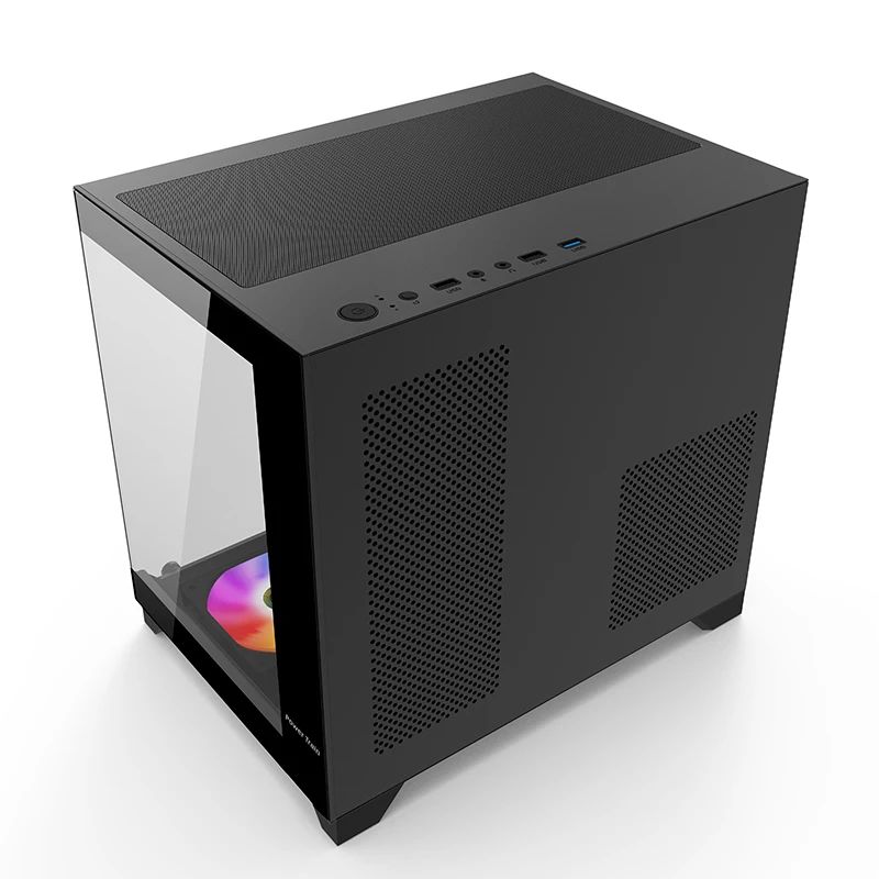 Black Power Train Coloured Glaze PC case with top mesh airflow and vented side panels