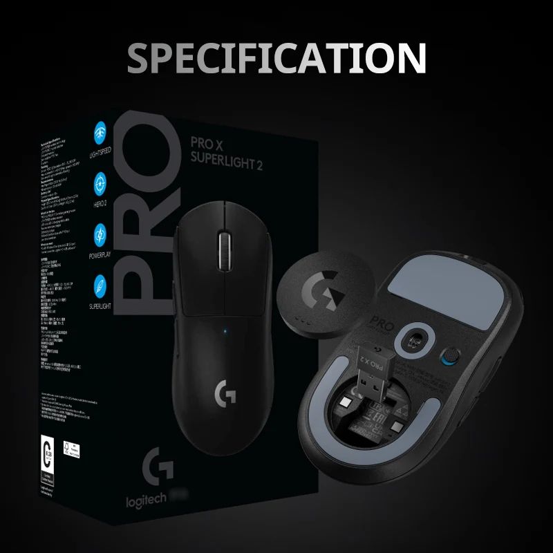 Logitech G PRO X SUPERLIGHT 2 specifications box and underside view