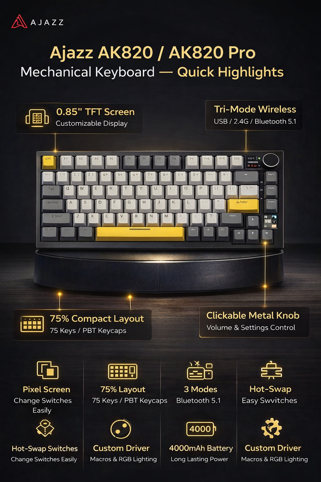 Ajazz AK820 AK820 Pro mechanical keyboard 75% hot swap with knob