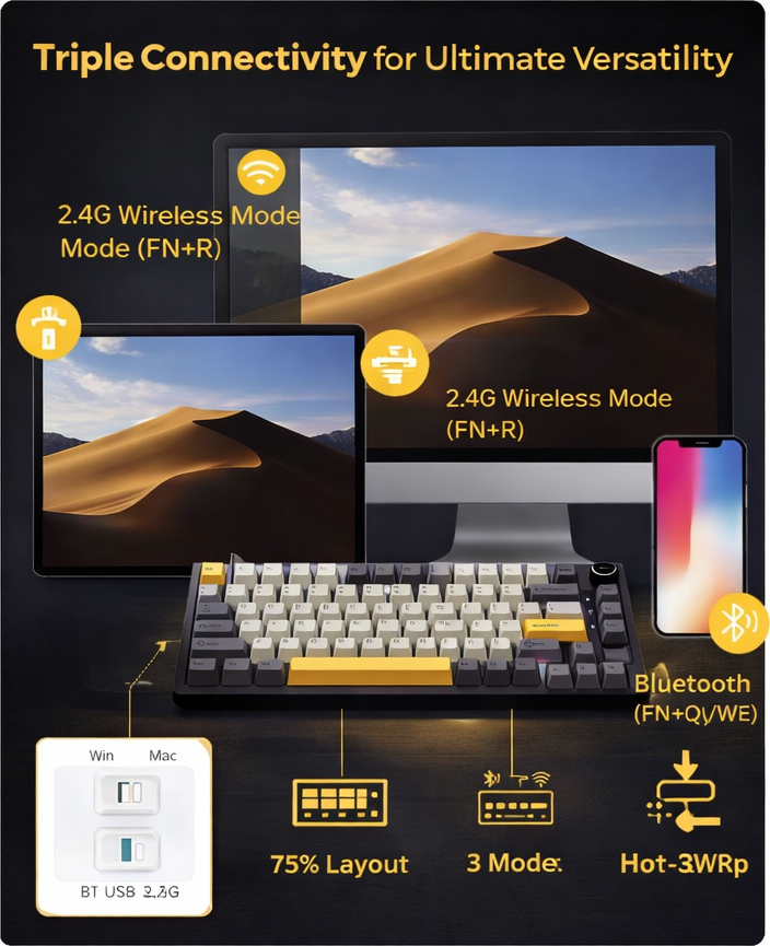 Ajazz AK820 mechanical keyboard (wired) — 75% hot-swap layout with metal volume knob