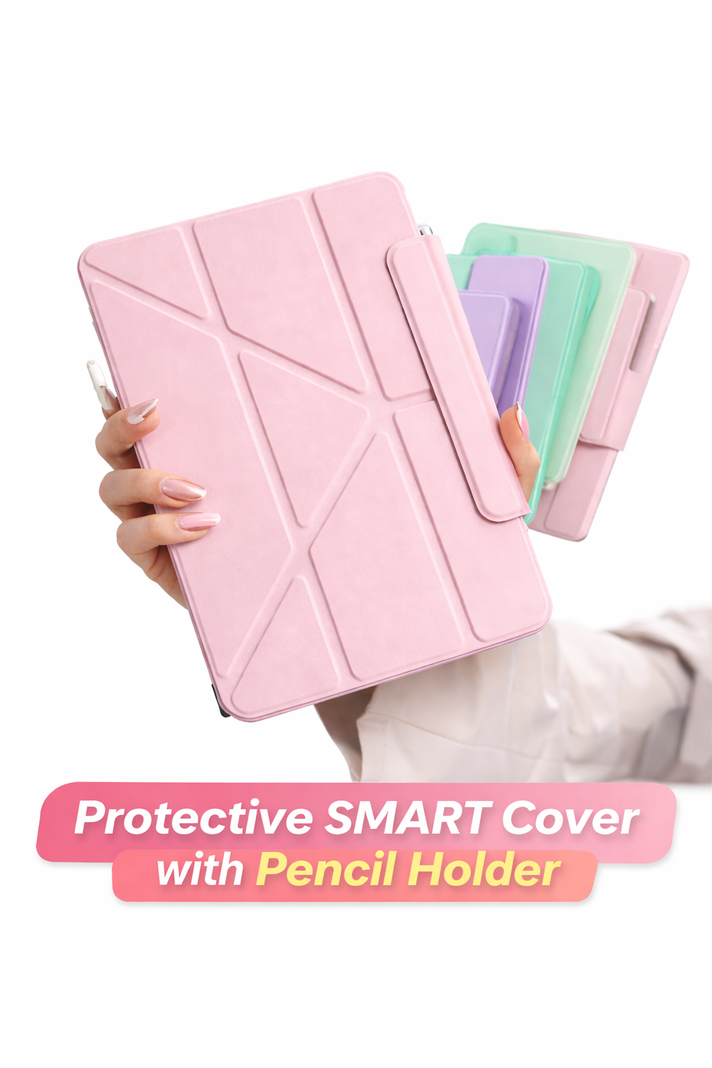 Protective iPad smart cover with pencil holder in pastel color options