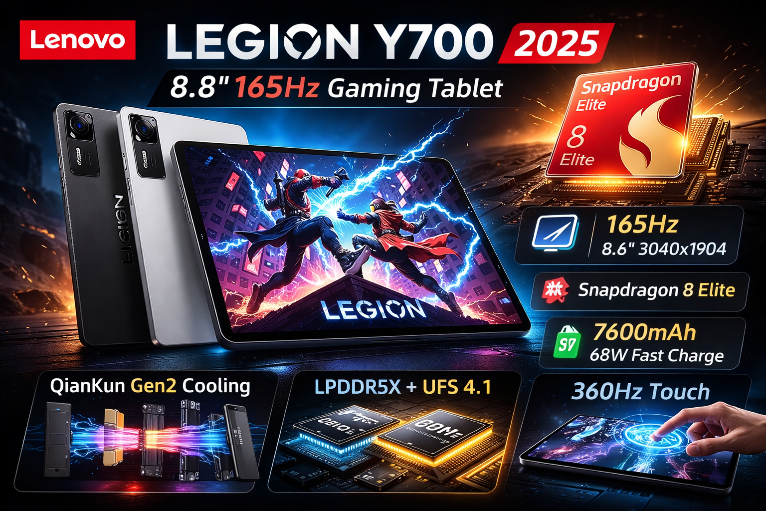 Lenovo Legion Y700 2025 gaming tablet 8.8 inch 165Hz Snapdragon 8 Elite 7600mAh