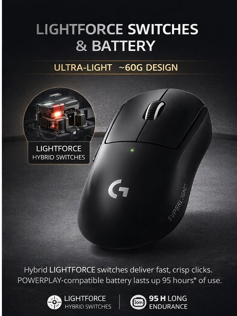 Logitech G PRO X SUPERLIGHT 2 LIGHTFORCE hybrid switches 60g gaming mouse