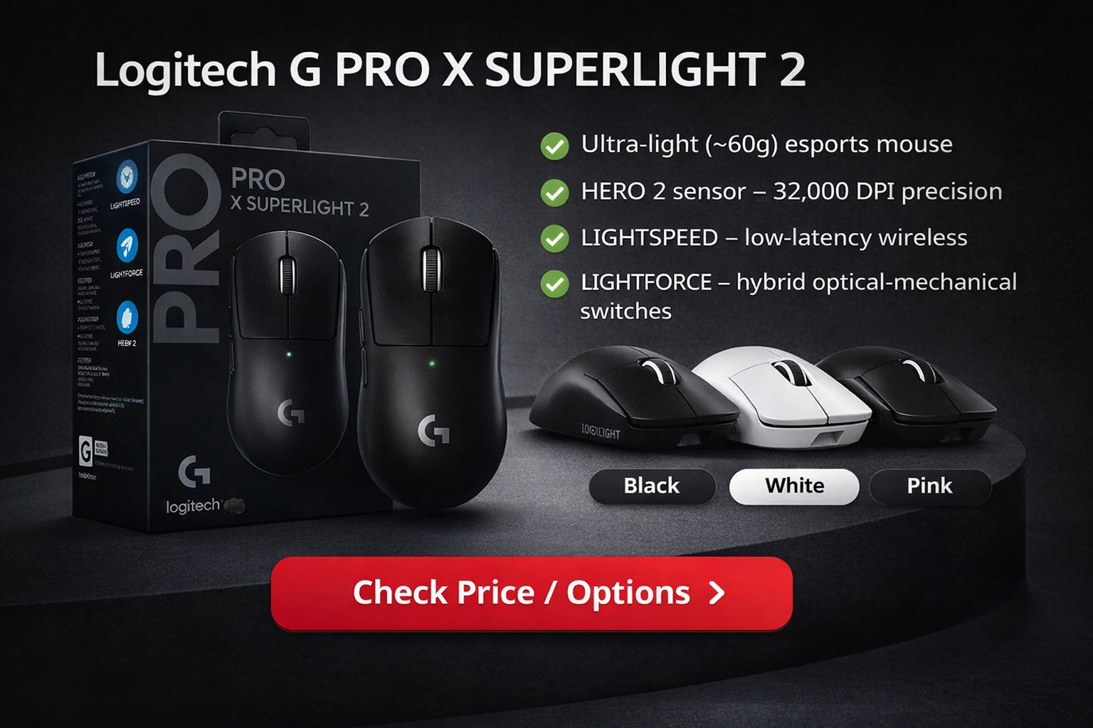 Logitech G PRO X SUPERLIGHT 2 wireless gaming mouse ultra lightweight 60g